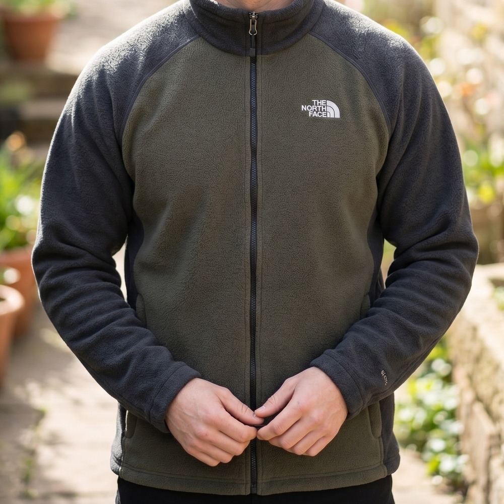 The North Face Mens Full Zip Fleece Jacket‎ Olive Green Charcoal Grey XL Raglan